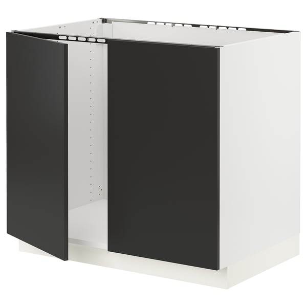 SEKTION Base cabinet for sink + 2 doors, white/Nickebo matte anthracite, 36x24x30 "