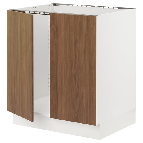 Ikea SEKTION walnut kitchen cabinet. White framed, dark wood doors, modern design.