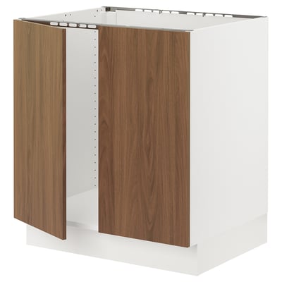Ikea SEKTION walnut kitchen cabinet. White framed, dark wood doors, modern design.