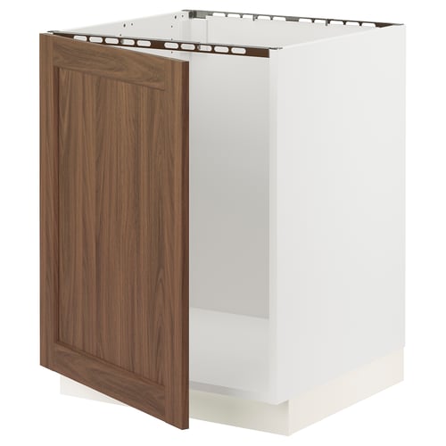 An open white SEKTION cabinet with a wooden door in walnut.