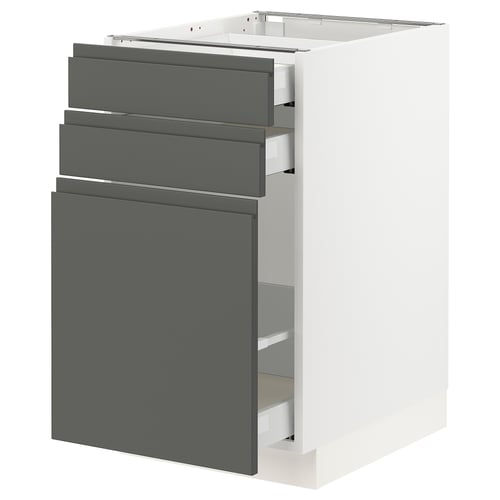 An ikea SEKTION kitchen unit with grey drawers and doors, featuring a modern grey design.