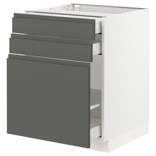 A modern kitchen cabinet in white with dark grey drawers. It smooth-running drawers with integrated handles and a sturdy frame.