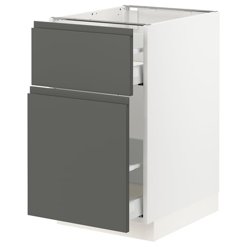 Modern kitchen cabinet: white SEKTION with grey drawers, sleek handle-less design.