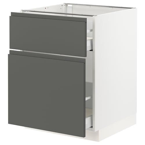 SEKTION kitchen cabinet in dark grey with drawers and white frame.