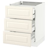 SEKTION Base cabinet w/3 fronts & 4 drawers, white Maximera/Bodbyn off-white, 24x24x30 "