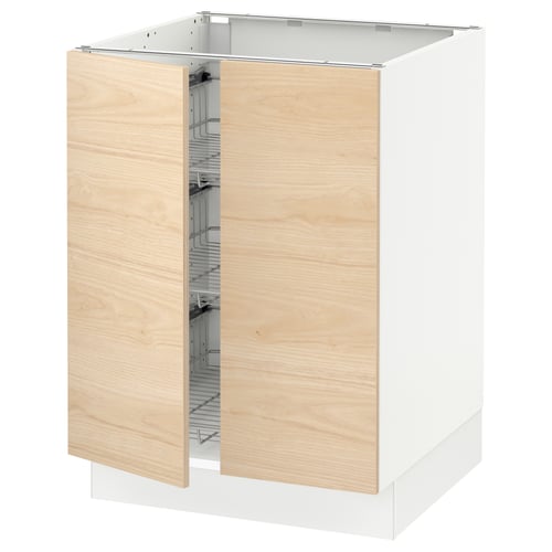SEKTION kitchen unit in light wood & white with open drawer.