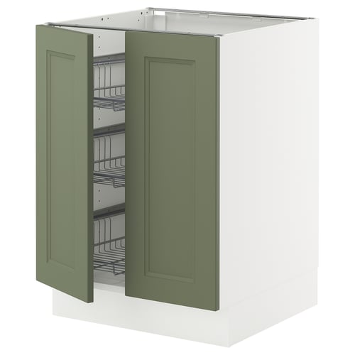 SEKTION grey-green kitchen cabinet with wire baskets and open doors.