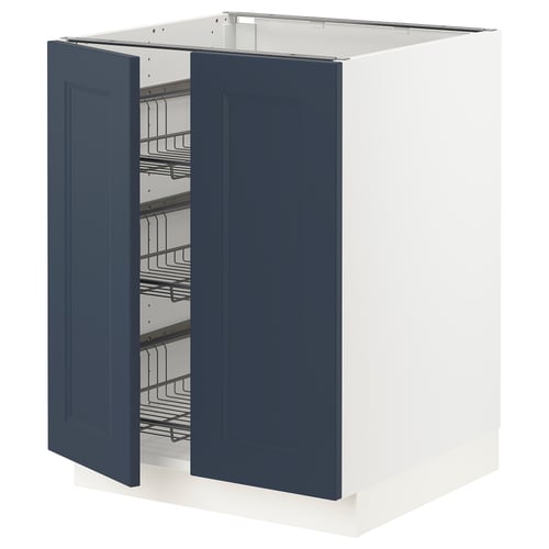 Ikea SEKTION kitchen cabinet with blue doors and wire shelves.