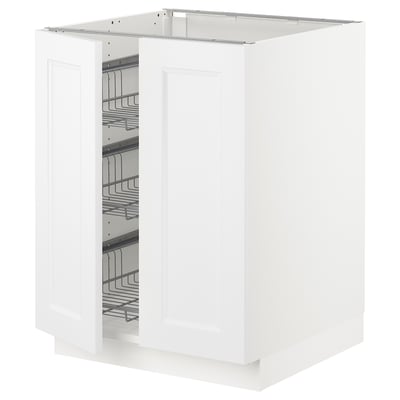 White cabinet with two open doors showing wire shelves inside, part of IKEAs SEKTION kitchen system.