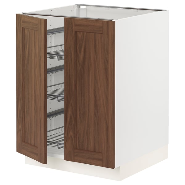 SEKTION Base cabinet w wire basket/2 doors, white Enköping/brown walnut effect, 24x24x30 "