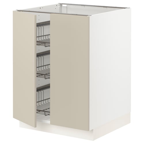 An open SEKTION kitchen cabinet in beige with wire storage baskets. The cabinet is rectangular with smooth edges and a sleek design.