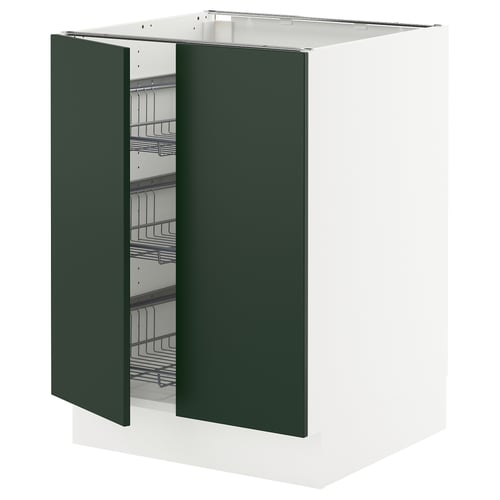 SEKTION kitchen cabinet, dark green, white body, two doors open revealing wire shelves.