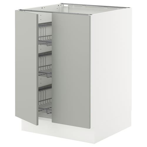 White kitchen cabinet, grey interior, multiple wire shelves.