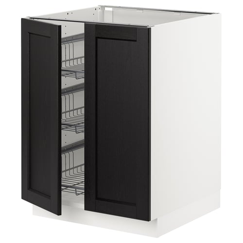 Black stained ash wood kitchen cabinet with wire baskets.