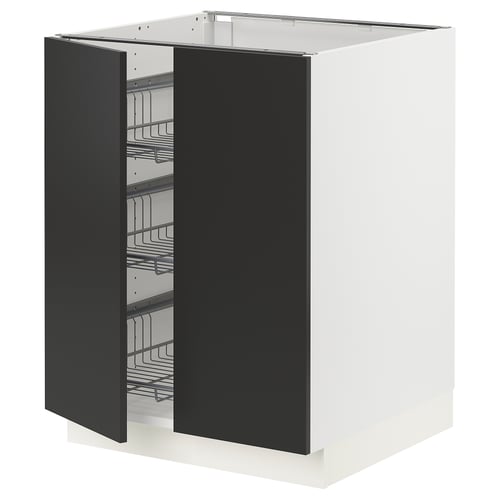 White and black kitchen cabinet with wire shelves, open doors.