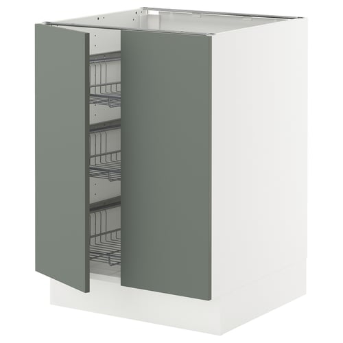 SEKTION kitchen cabinet in greenish-grey with wire shelves.