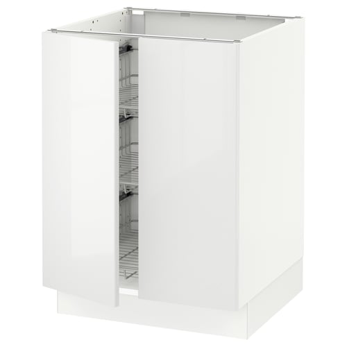 A white SEKTION kitchen cabinet with high gloss finish and metal shelves.