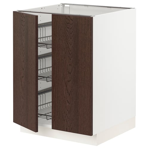 Ikea SEKTION cabinet with dark brown doors, wire shelves, open doors showing interior.