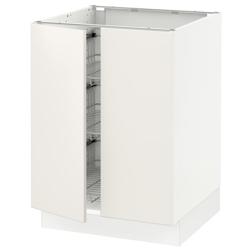 A white SEKTION kitchen cabinet with two doors open, revealing wire shelves inside.