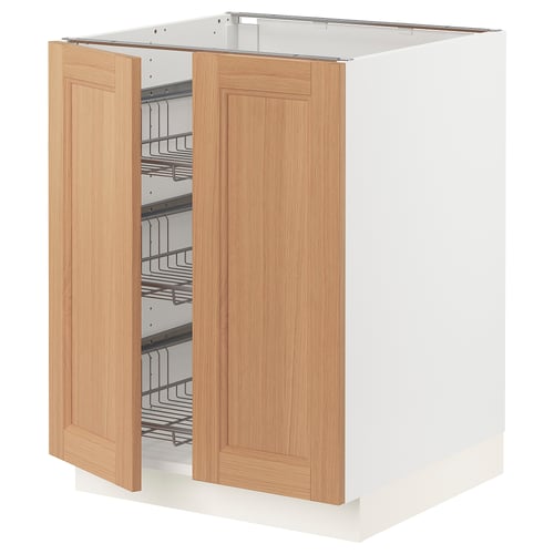 Ikea SEKTION cabinet: natural oak, white base, open, wire baskets inside, rectangular design.
