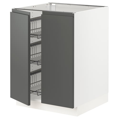 SEKTION kitchen cabinet in white and dark grey with pull-out wire baskets.