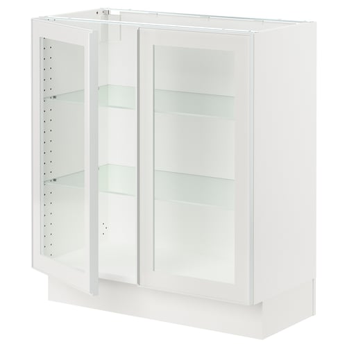 SEKTION white kitchen cabinet with glass doors, metal frame, adjustable shelves.