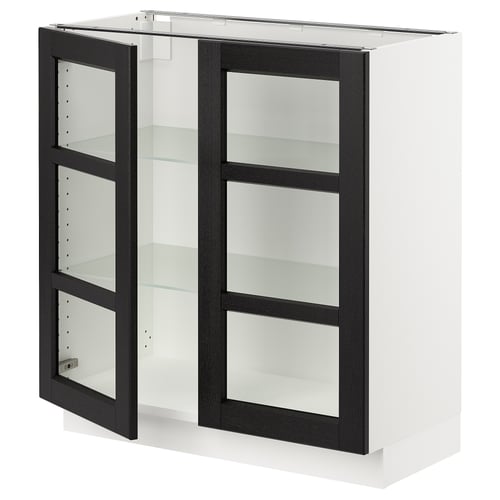 Modern SEKTION kitchen cabinet with black ash doors and glass shelves.