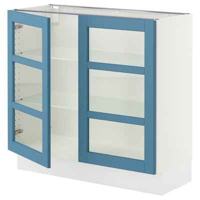 SEKTION Base cabinet with 2 glass doors, white/Lerhyttan blue, 36x15x30 "