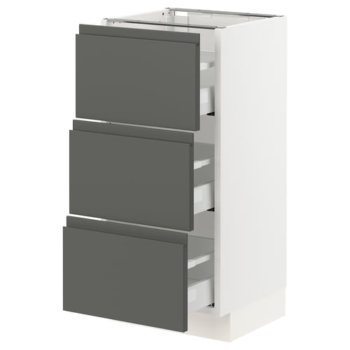 SEKTION kitchen unit, white, three dark grey drawers, modern design.