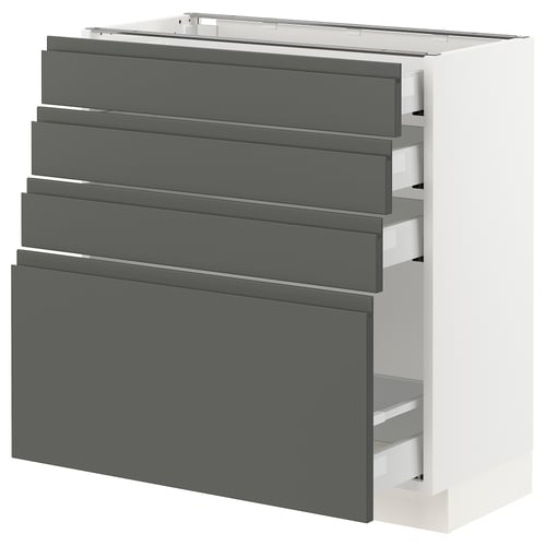 This image shows an ikea SEKTION kitchen unit with four grey drawers and a door, featuring integrated handles and a modern design.
