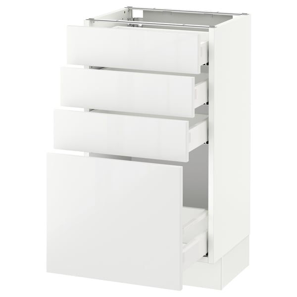 SEKTION white kitchen cabinet with glossy drawers.