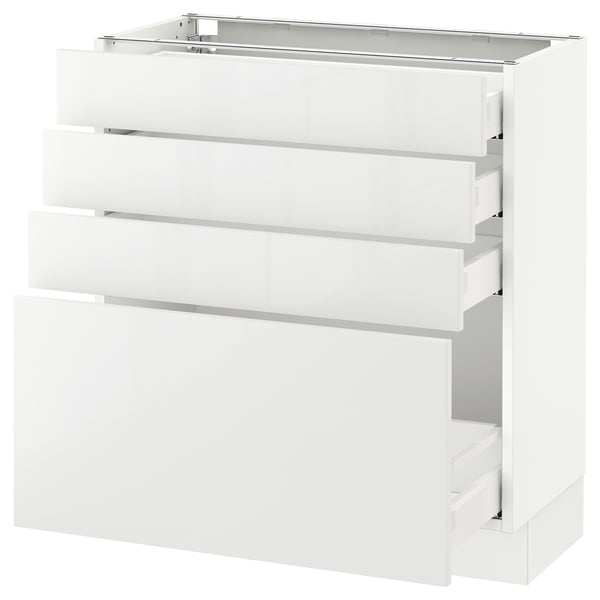 SEKTION white high-gloss kitchen unit with four drawers, sleek and modern design.