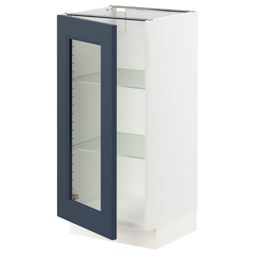 White and blue kitchen cabinet with glass door.