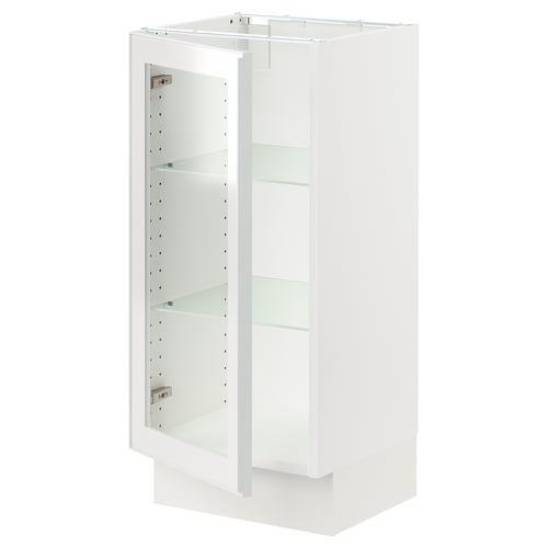 SEKTION white kitchen cabinet with glass door, metal frame, and adjustable shelves. Modern design with snap-on hinges.