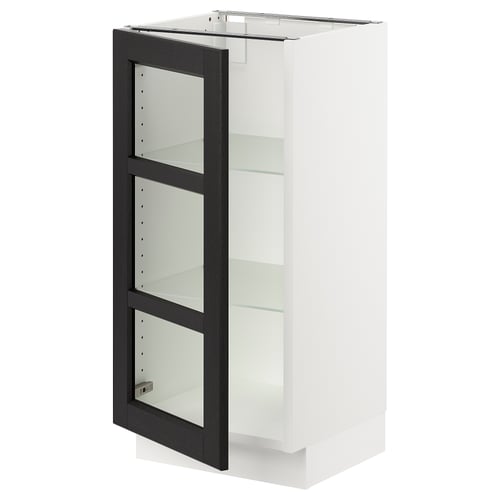 SEKTION kitchen unit: white cabinet, black-stained glass door, adjustable shelves, square shape, modern design.
