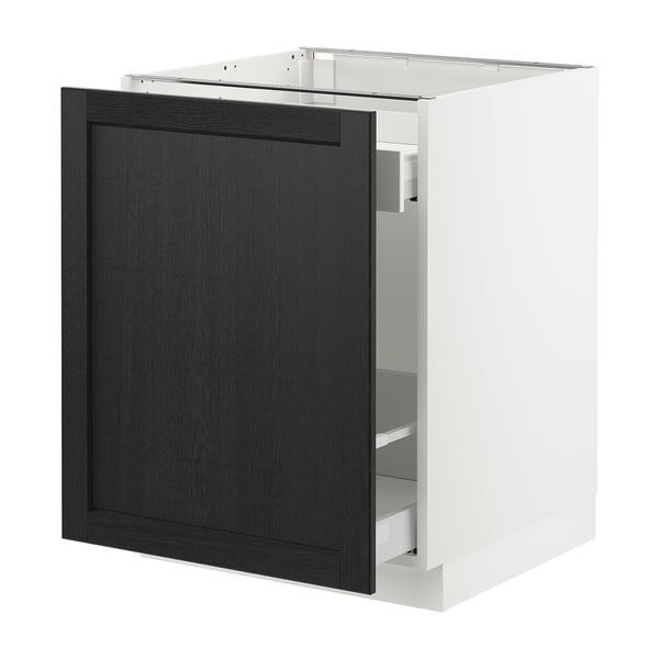 SEKTION Base cabinet with pull-out storage, white Maximera/Lerhyttan black stained, 24x24x30 "