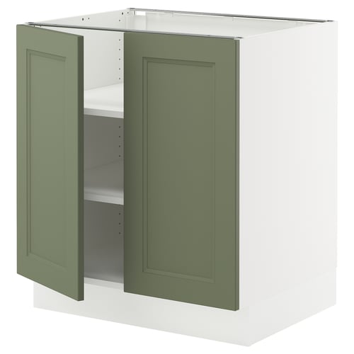SEKTION green kitchen cabinet with adjustable shelves and white base.