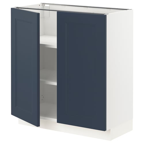 Ikea SEKTION blue kitchen cabinet with two doors, open showing shelves.