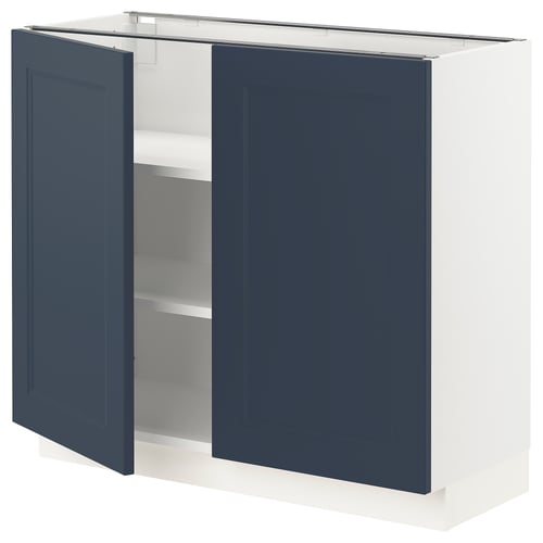 Ikea SEKTION blue cabinet with two open doors, white interior, adjustable shelves.