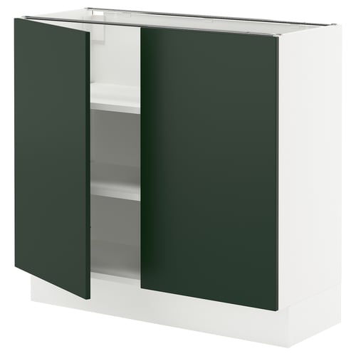 An open, white SEKTION cabinet with green doors and three adjustable shelves.