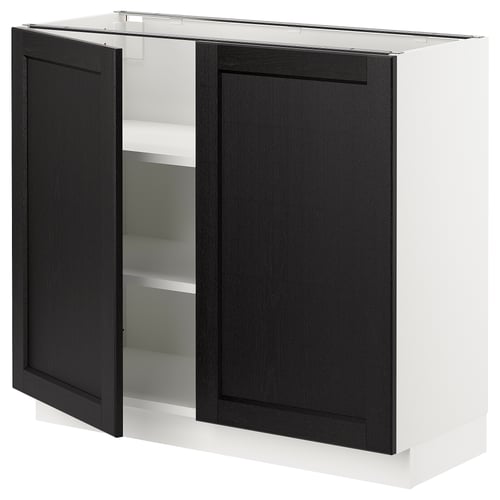 Open black-ash SEKTION kitchen cabinet, white base, adjustable shelves.