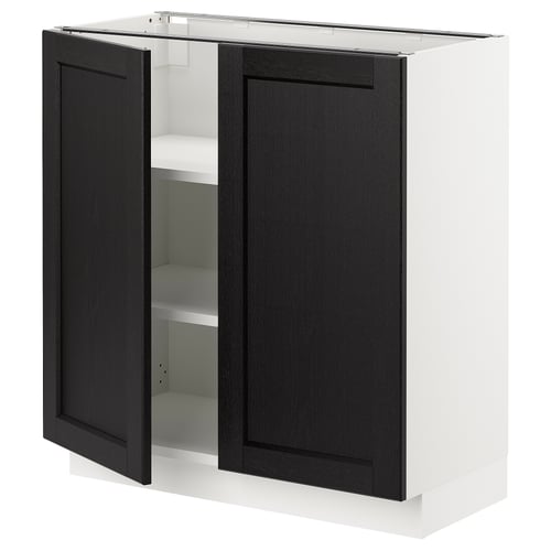 SEKTION kitchen cabinet, black stained lerhyttan doors, bevelled edges, white base, adjustable shelves, square shape.