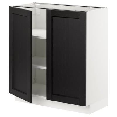SEKTION kitchen cabinet, black stained lerhyttan doors, bevelled edges, white base, adjustable shelves, square shape.