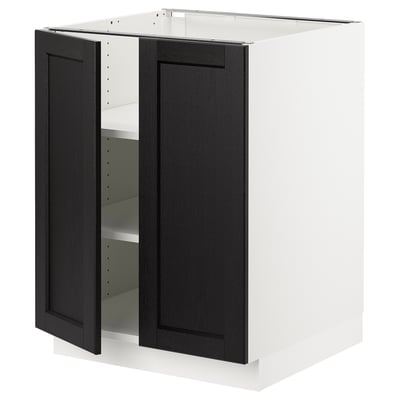 The SEKTION kitchen unit openable black-stained ash wood doors on a white frame, showcasing adjustable shelves and modern design.
