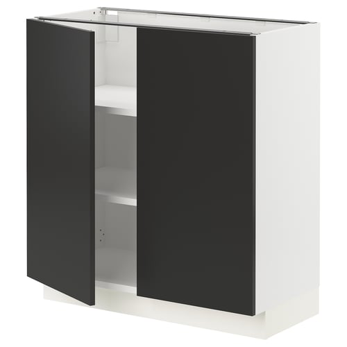 Modern kitchen cabinet with 2 black doors, adjustable shelves, white frame.