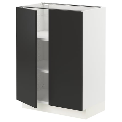Depicts a SEKTION kitchen cabinet with black matt nickebo doors and a white frame. It adjustable shelves and a door damper for slow closure.