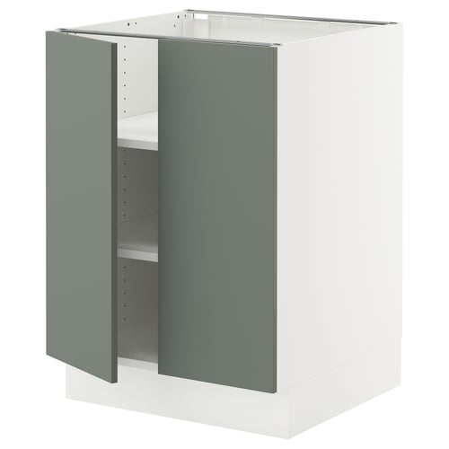 A modern ikea SEKTION cabinet with grey-green doors and a white base. It has adjustable shelves and a sleek, minimalist design.