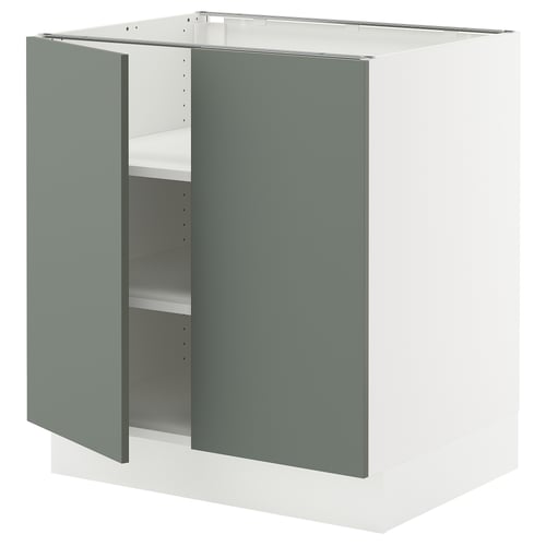 A modern gray-green SEKTION kitchen cabinet with an adjustable shelf and snap-on hinges.