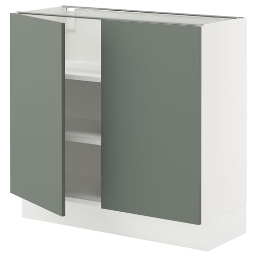A SEKTION kitchen cabinet with grey-green doors and white base, featuring adjustable shelves and a door damper.