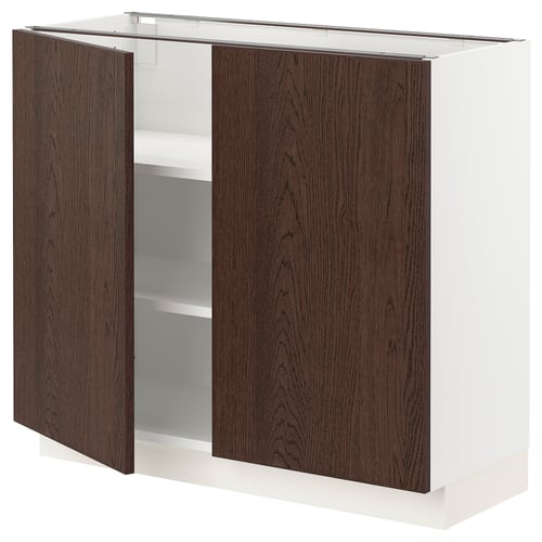 Modern kitchen cabinet: dark brown doors, white base, adjustable shelves.
